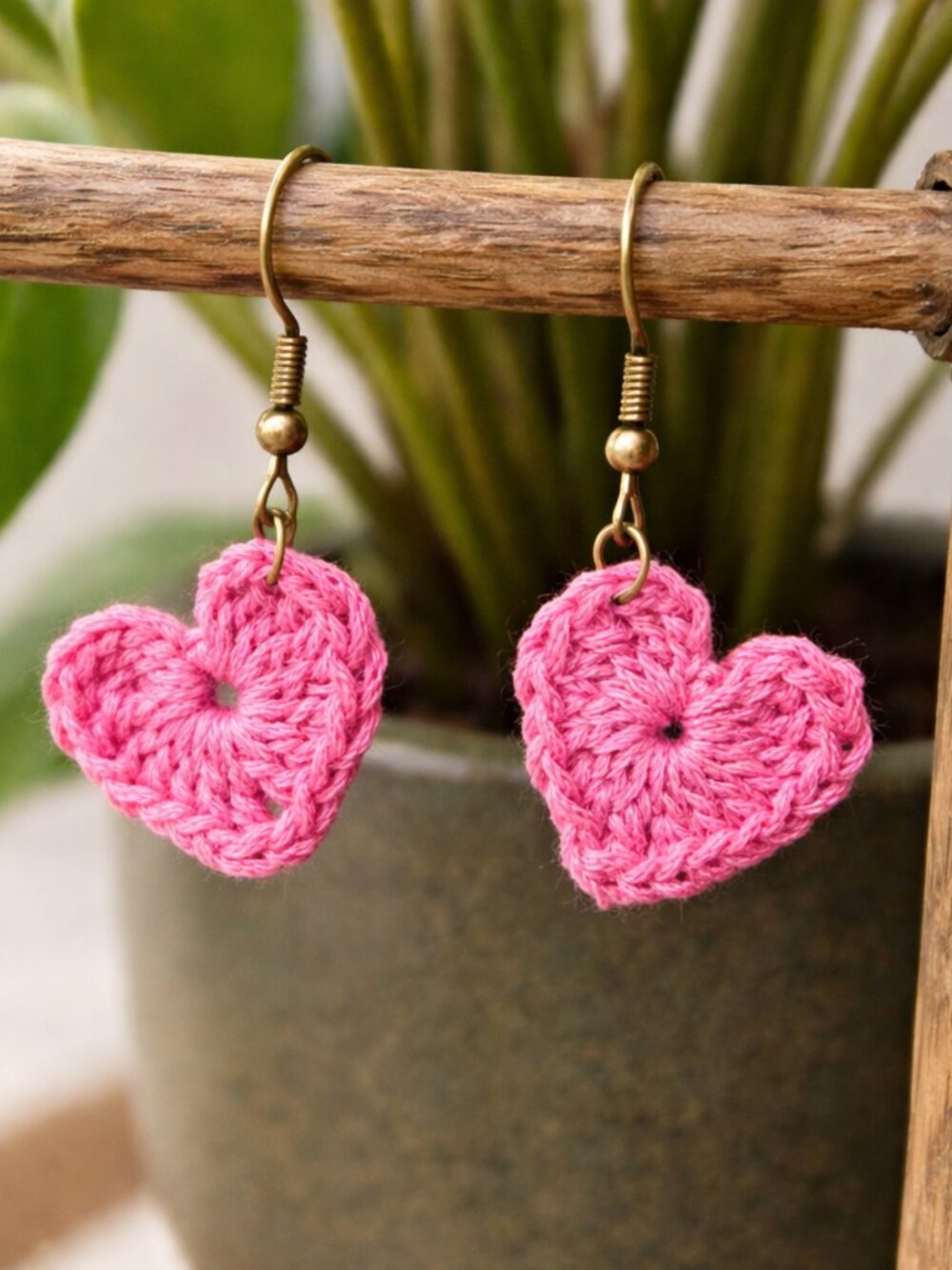 Handmade Crochet Heart Earrings Pink | Cute Boho Dangle Earrings | Jewelry Gift